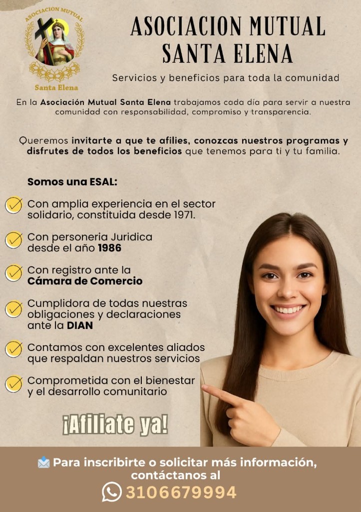Flyer promocional de la Asociación Mutual Santa Elena invitando a la afiliación, trayectoria desde 1971 y datos de contacto